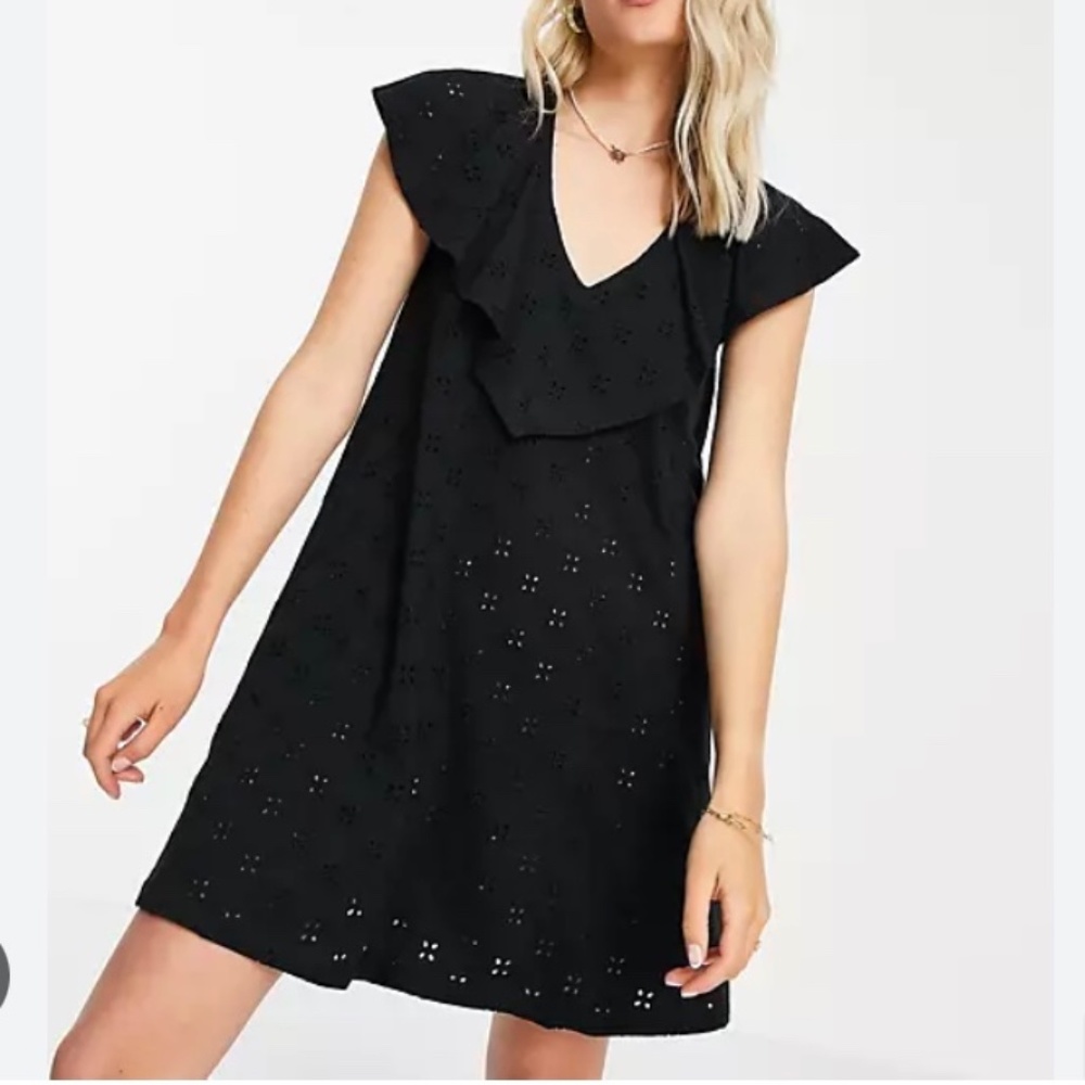 ASOS DESIGN Eyelet V Frill Over Layer Dress in Black Size 12
